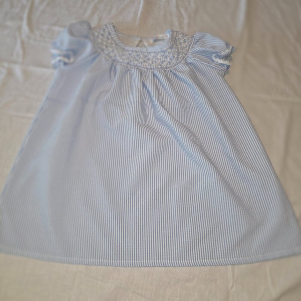 Sunshine Swing Girls Dress Smocked Ruched Size 5 Blue Stripes Seersucker
